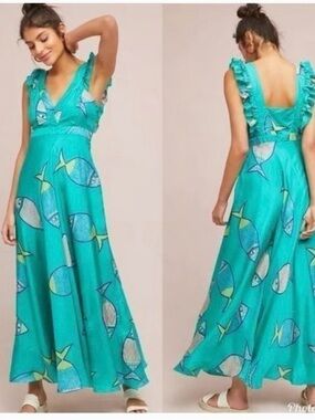 Anthropologie- Teal Fish Print V-Neck Maxi Dress